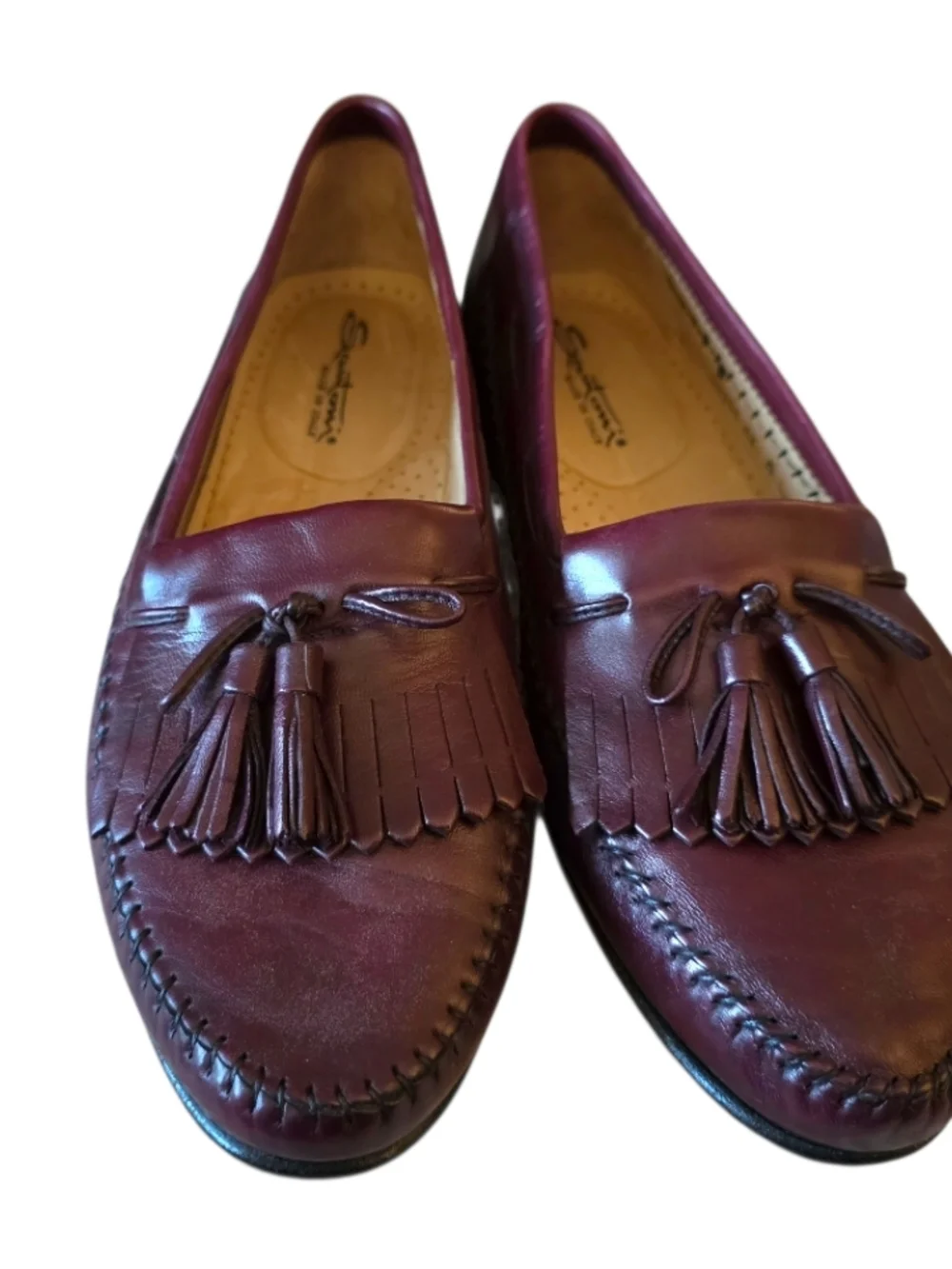 Santoni Burgundy Italian Tasseled Kilted Men's Loafers Size 9.5 Box & Dust Bags - Picture 2 of 5